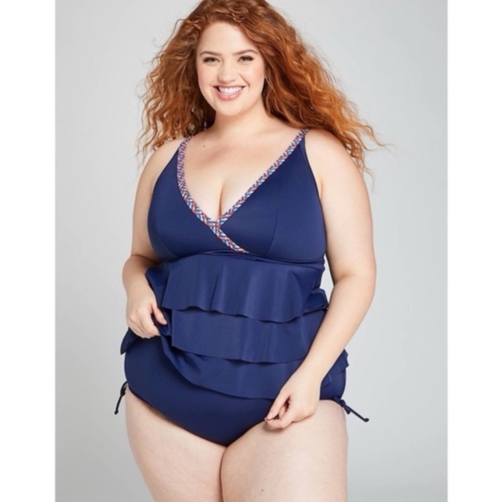 Swim by Cacique Braided Hem Ruffle Tankini Swim Suit Top‎